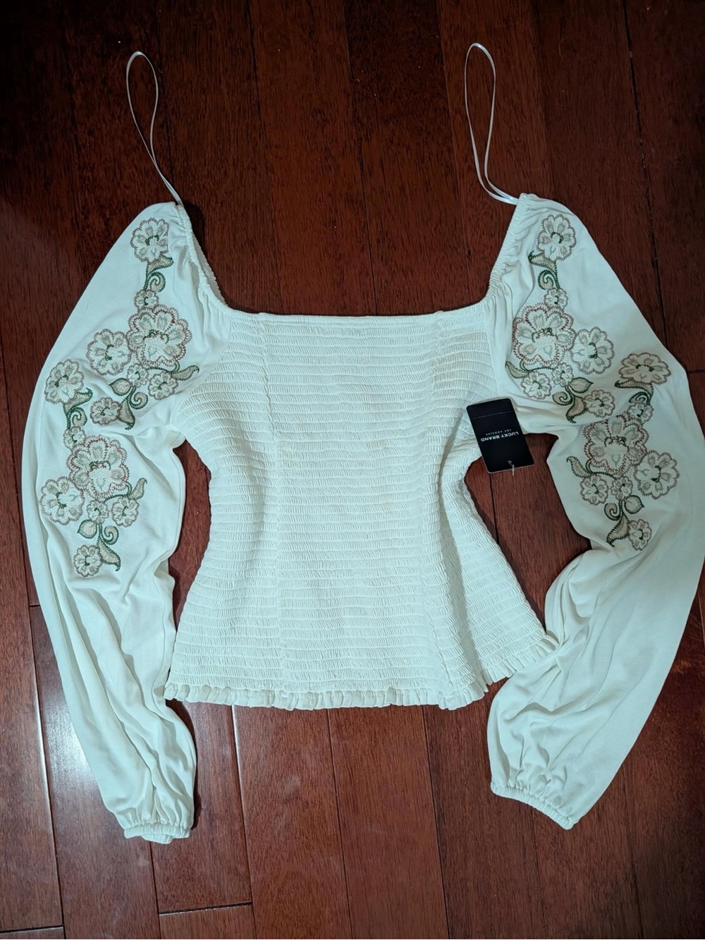 Lucky Brand Cream Smocked Square Neck Top with Floral Embroidery